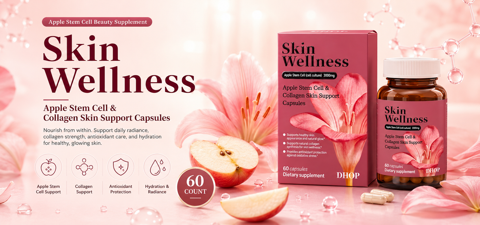 Apple Stem Cell Collagen Capsules, 60 Count—Apple Stem Cell Beauty Supplement Apple stem cell collagen capsule packaging and bottle