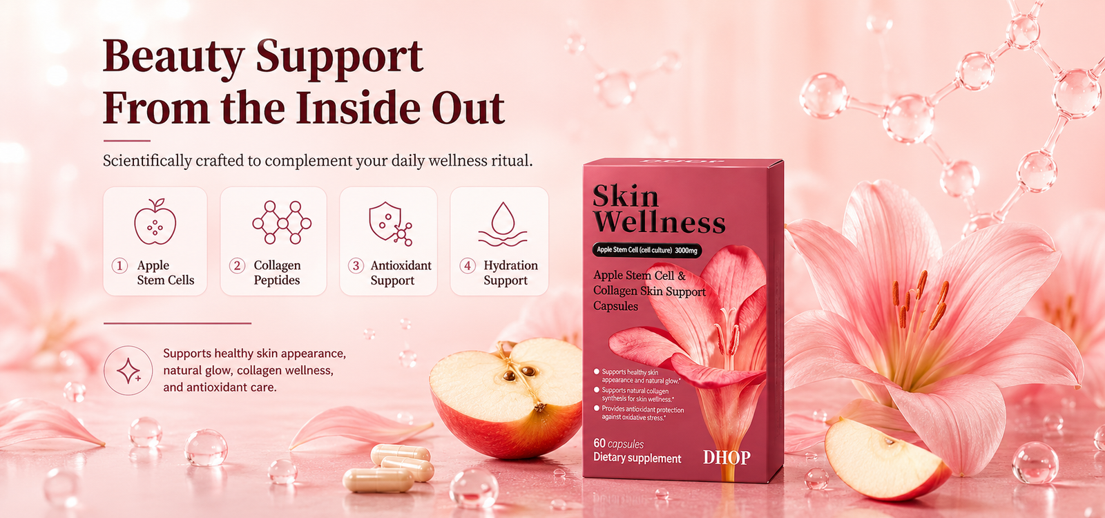 Apple Stem Cell Collagen Capsules, 60 Count—Apple Stem Cell Beauty Supplement Apple stem cell collagen capsule product overview