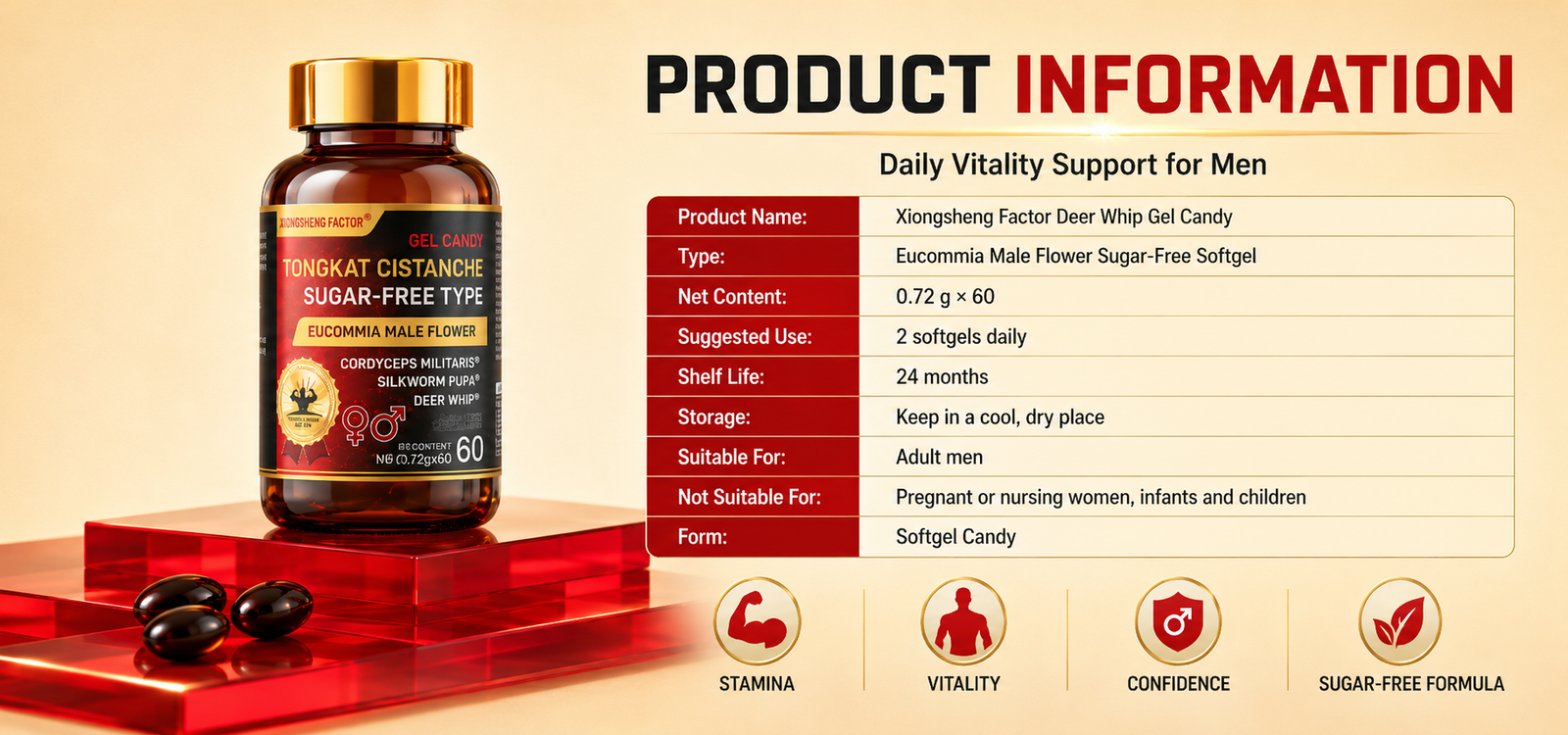 men's deer penis gel candies, sugar free softgels with male flower eucommia, men's nutritional supplements