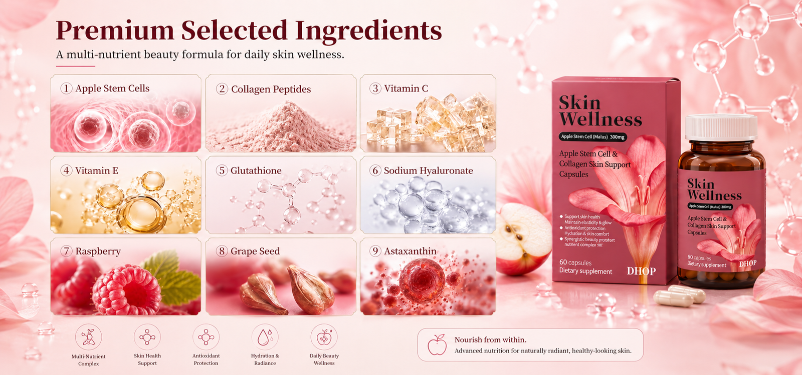 Apple Stem Cell Collagen Capsules, 60 Count—Apple Stem Cell Beauty Supplement Apple stem cell collagen supplement information panel