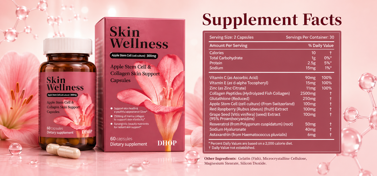 Apple Stem Cell Collagen Capsules, 60 Count—Apple Stem Cell Beauty Supplement Apple stem cell collagen capsule packaging details